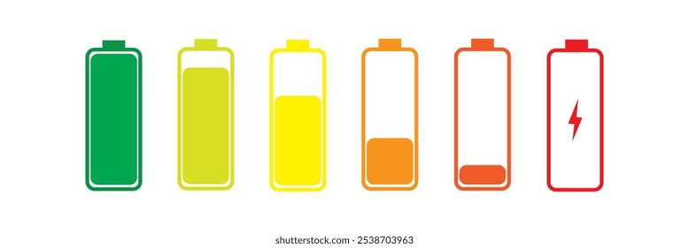 Conjunto de iconos de batería. Indicador de Recargo completo o señal de bajo Recargo. Batería de nivel Energía poderosamente llena.