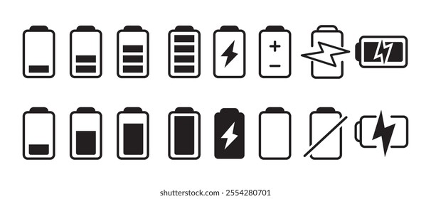 Battery icon set. Battery Full charge indicator or low charge sign. Battery charge level icons. Battery Charging indicator in thin line and flat icon collection.