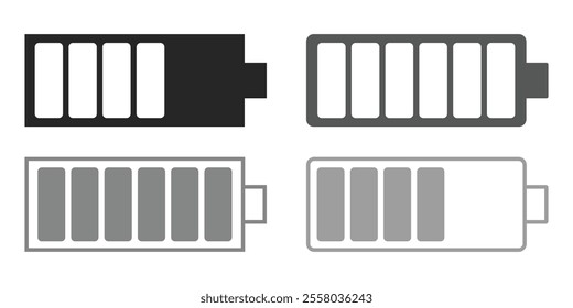 Battery icon set. Battery Full charge indicator or low charge sign. Level battery Energy powerfully full.
