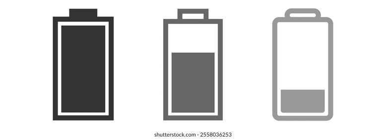 Battery icon set. Battery Full charge indicator or low charge sign. Level battery Energy powerfully full.