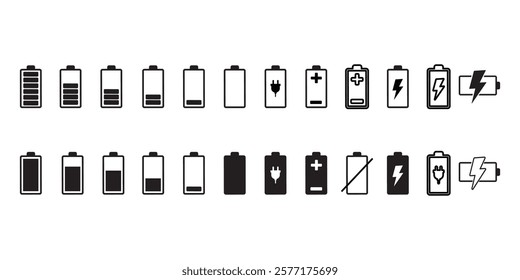 Battery icon set. Battery Full charge indicator or low charge sign. Level battery Energy powerfully full