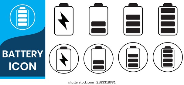 Battery icon set. Battery Full charge indicator or low charge sign. Level battery Energy powerfully full. vector illustration