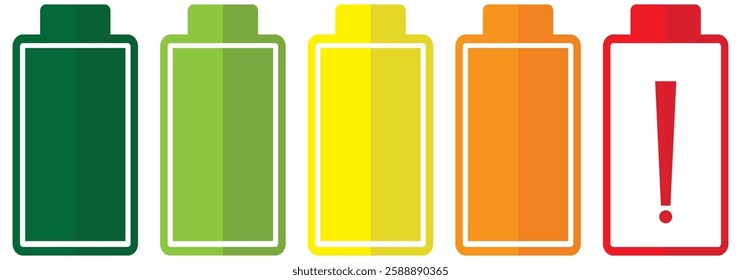 Battery icon set. Battery Full charge indicator or low charge sign. Level battery Energy powerfully full.