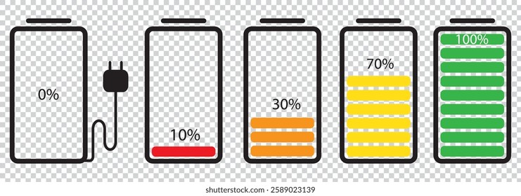 Battery icon set. Battery Full charge indicator or low charge sign. Battery symbols with fast charging, exclamation, low, plus, minus, tick and full charge signs . 1176