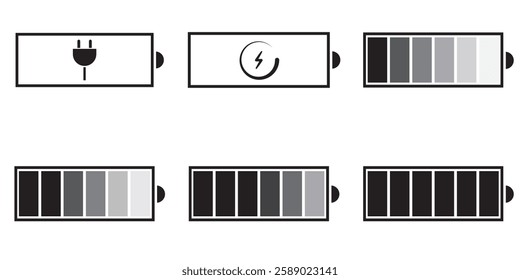 Battery icon set. Battery Full charge indicator or low charge sign. Battery symbols with fast charging, exclamation, low, plus, minus, tick and full charge signs . 1176