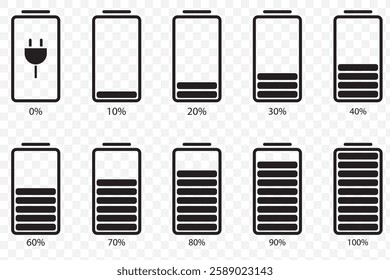 Battery icon set. Battery Full charge indicator or low charge sign. Battery symbols with fast charging, exclamation, low, plus, minus, tick and full charge signs . 1176