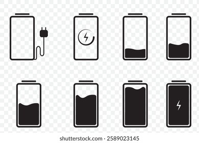 Battery icon set. Battery Full charge indicator or low charge sign. Battery symbols with fast charging, exclamation, low, plus, minus, tick and full charge signs . 1176