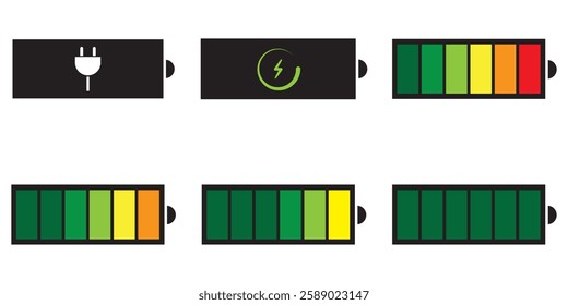 Battery icon set. Battery Full charge indicator or low charge sign. Battery symbols with fast charging, exclamation, low, plus, minus, tick and full charge signs . 1176