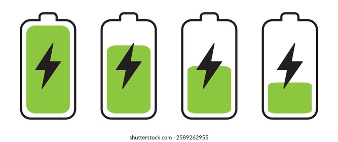 Battery icon set. Battery Full charge indicator or low charge sign. Level battery Energy powerfully full.