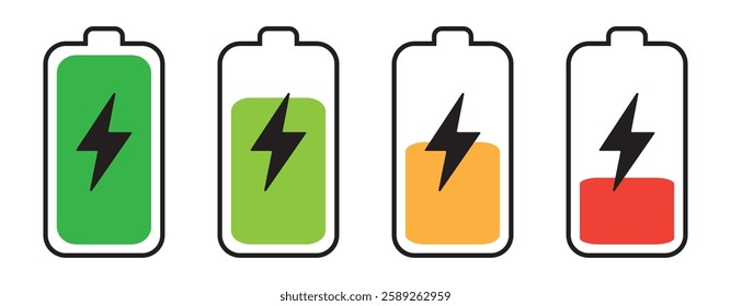 Battery icon set. Battery Full charge indicator or low charge sign. Level battery Energy powerfully full.