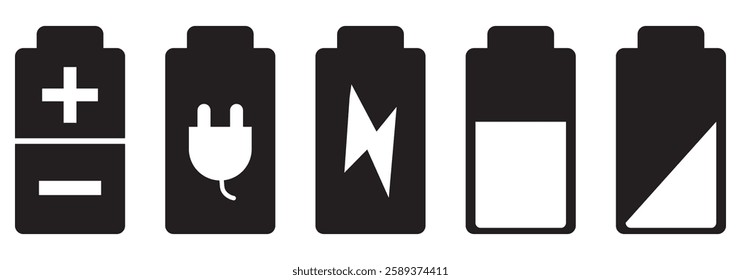 Battery icon set. Battery Full charge indicator or low charge sign. Level battery Energy powerfully full. Vector icon of a fully charged battery. eps 10 