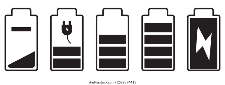 Battery icon set. Battery Full charge indicator or low charge sign. Level battery Energy powerfully full. Vector icon of a fully charged battery. eps 10 