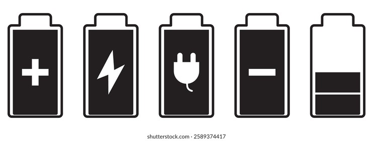 Battery icon set. Battery Full charge indicator or low charge sign. Level battery Energy powerfully full. Vector icon of a fully charged battery. eps 10 