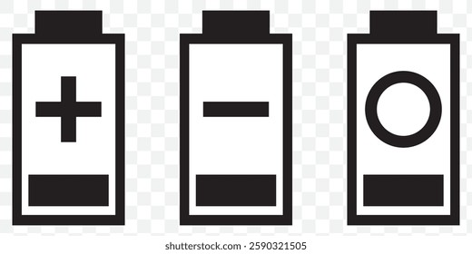 Battery icon set. Battery Full charge indicator or low charge sign. Level battery Energy powerfully full. EPS 10.