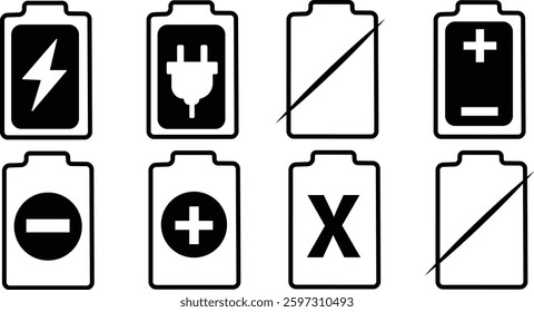Battery icon set. Battery Full charge indicator or low charge sign. Level battery Energy powerfully full.