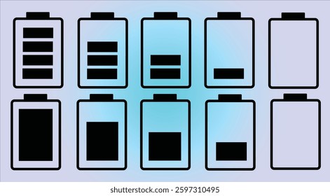 Battery icon set. Battery Full charge indicator or low charge sign. Level battery Energy powerfully full.