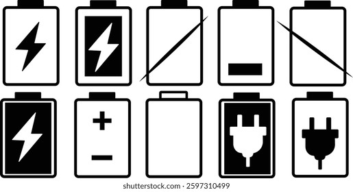 Battery icon set. Battery Full charge indicator or low charge sign. Level battery Energy powerfully full.