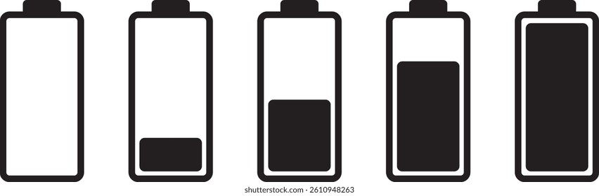 Battery icon set. Battery Full charge indicator or low charge sign. Level battery Energy powerfully full.