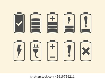 Battery icon set. Battery Full charge indicator or low charge sign. Level battery Energy powerfully full. Battery Icon Illustration Vector Set