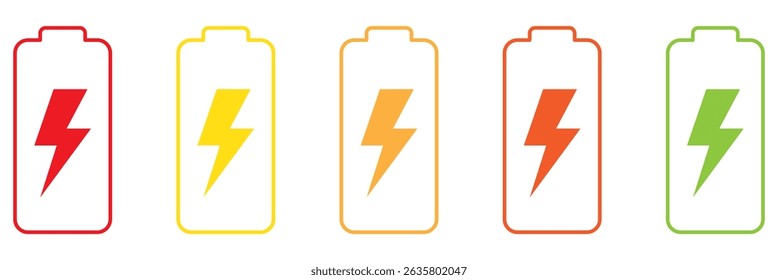 Battery icon set. Battery Full charge indicator or low charge sign. Level battery Energy powerfully full.
