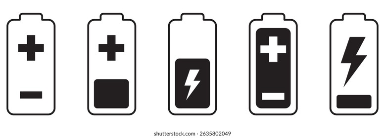 Battery icon set. Battery Full charge indicator or low charge sign. Level battery Energy powerfully full.
