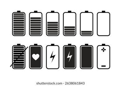Battery icon set. Battery Full charge indicator or low charge sign. Level battery Energy powerfully full.