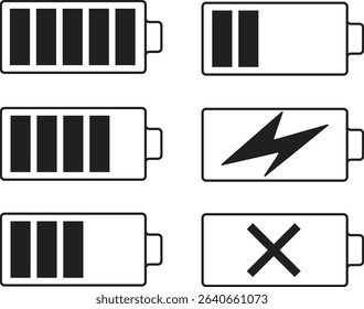 Battery icon set. Battery Full charge indicator or low charge sign. Level battery Energy powerfully full.