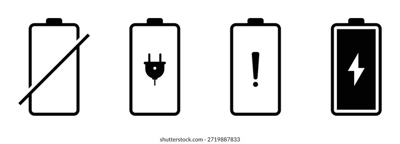Batteriesymbolsatz. Anzeige für Batterieladung oder Zeichen für niedrige Ladung. Leistungsstarke Batterieversorgung. Vektorgrafik.