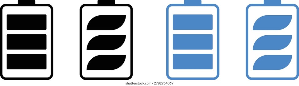 Battery icon set. Full charge level accumulator vector icons in linear block and creative leaf shape glyph styles.