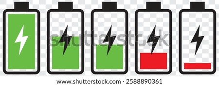 Battery icon set. Battery Full charge indicator or low charge sign. Level battery Energy powerfully full.