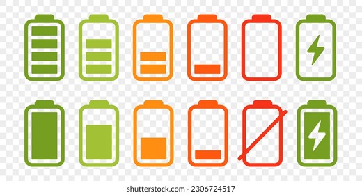 Battery icon set. High quality colorful style vector icons. Green 100% 75%, orange 50%, red 25% 0, batteries. Batery charge indicator. Baterry level, energy, full. Power low up status batteries logo. svg