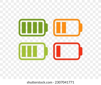 Battery icon set. High quality colorful style vector icons. Green 100% 75%, orange 50%, red 25%, batteries. Batery charge indicator. Baterry level, energy, full. Power low up status batteries logo.