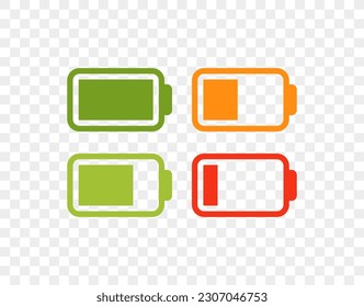 Battery icon set. High quality colorful style vector icons. Green 100% 75%, orange 50%, red 25%, batteries. Batery charge indicator. Baterry level, energy, full. Power low up status batteries logo.