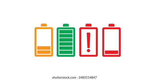 Battery icon set. High quality colorful style vector icons. Batery charge indicator. Baterry level, energy, full. Power low up status batteries logo. Green 100% 75%, orange 50%,. full colour