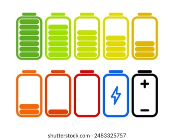 Battery icon set. High quality colorful style vector icons. Green 100% 75%, orange 50%, red 25% 0, batteries. Batery charge indicator. Baterry level, energy, full. Power low up status batteries logo.