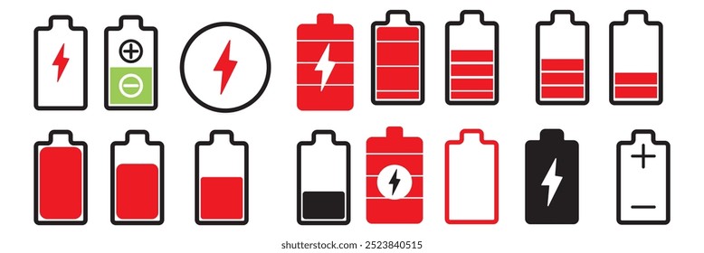 Battery icon set. High quality colorful style vector icons. Green 100% 75%, orange 50%, red 25% 0, batteries. Batery charge indicator. Baterry level, energy, full. Power low up status batteries logo.