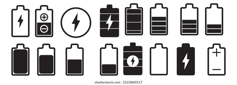 Battery icon set. High quality colorful style vector icons. Green 100% 75%, orange 50%, red 25% 0, batteries. Batery charge indicator. Baterry level, energy, full. Power low up status batteries logo.