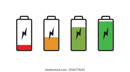 Conjunto de iconos de batería. Iconos coloridos del vector del estilo de la alta calidad. Verde 100% 75%, naranja 50%, rojo 25% 0, baterías. Indicador de Recargo de la batería. Nivel de la batería,