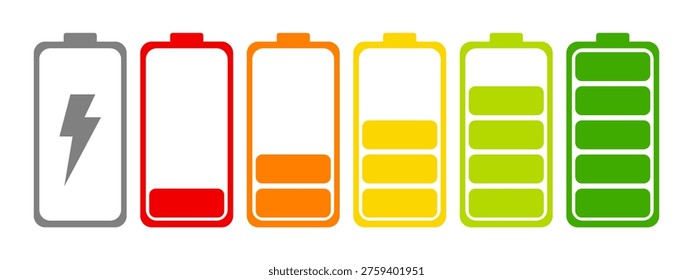 Battery icon set. High quality colorful style vector icons. Batery charge indicator. Baterry level, energy, full. Power low up status batteries logo. Green 100 75 , orange 50 , red 25 , batteries. full colour