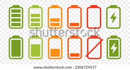 Battery icon set. High quality colorful style vector icons. Green 100% 75%, orange 50%, red 25% 0, batteries. Batery charge indicator. Baterry level, energy, full. Power low up status batteries logo.