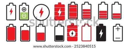 Battery icon set. High quality colorful style vector icons. Green 100% 75%, orange 50%, red 25% 0, batteries. Batery charge indicator. Baterry level, energy, full. Power low up status batteries logo.