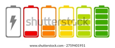 Battery icon set. High quality colorful style vector icons. Batery charge indicator. Baterry level, energy, full. Power low up status batteries logo. Green 100 75 , orange 50 , red 25 , batteries. full colour