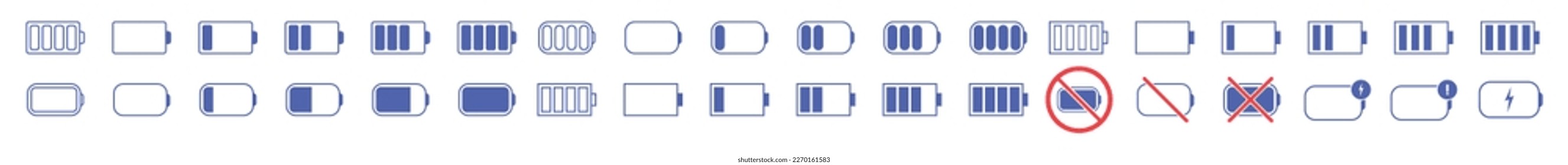 Conjunto de iconos de la batería. Símbolo de ilustración de la batería del indicador. Nivel de batería negro aislado. Ilustración de color vectorial