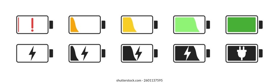 Battery icon set. Battery indicator symbols. Power low up status batteries logo, vector icons.