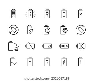 Battery icon set, battery level life indicators. Battery vectors. Batteries Icon Charge High Low set icon vector outline line editable stroke design style isolated on white