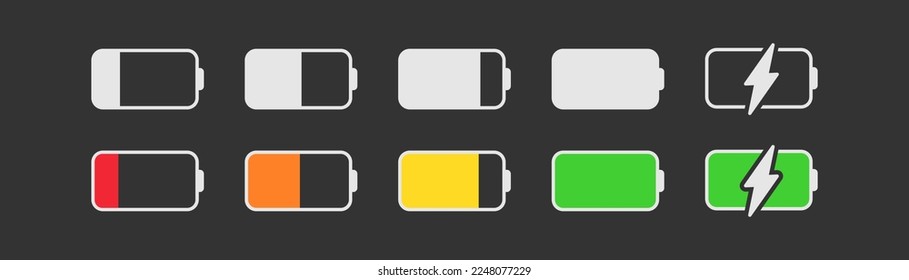 Icono de la batería en fondo oscuro. símbolo de interfaz de usuario. Indicador de nivel del acumulador. Ilustración de fases de carga. Estilo de contorno, plano y coloreado. Ilustración vectorial.