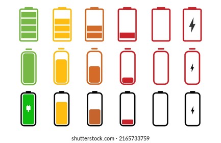 Icono de la batería en fondo blanco. Indicador de nivel de batería móvil. Icono de nivel del acumulador. Conjunto de signos de encendido. Símbolo de batería móvil. Vector de material
