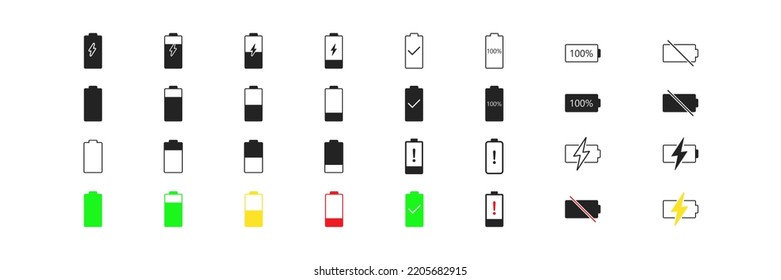 battery icon set on white background, black and white, flat, charging sign, phone design, power, energy concept, loading, vector illustration