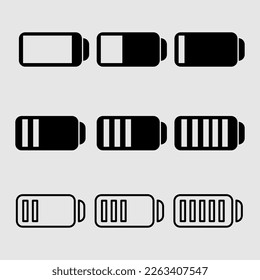 Conjunto de iconos de la batería. Energía, energía, carga. Elementos vectores. Iconos de indicador de nivel de batería de smartphone negro aislados en fondo aislado..eps
