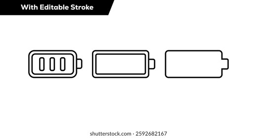 Battery Icon Set – Power, Energy Level, Charging Symbol, Editable Stroke Vector